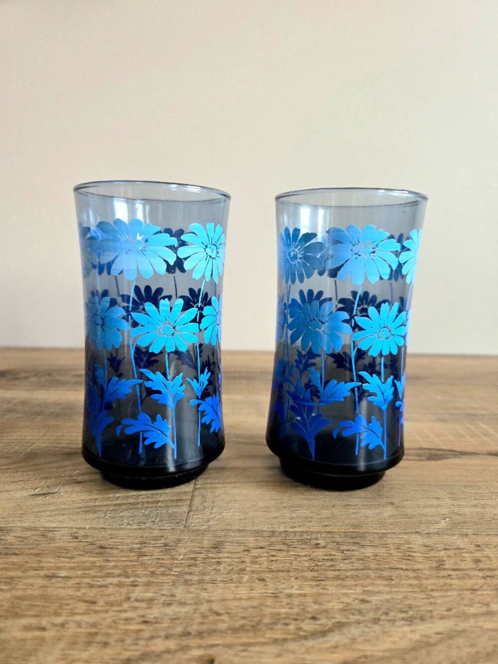 2 super cute vintage retro tall water glasses with blue daisies.